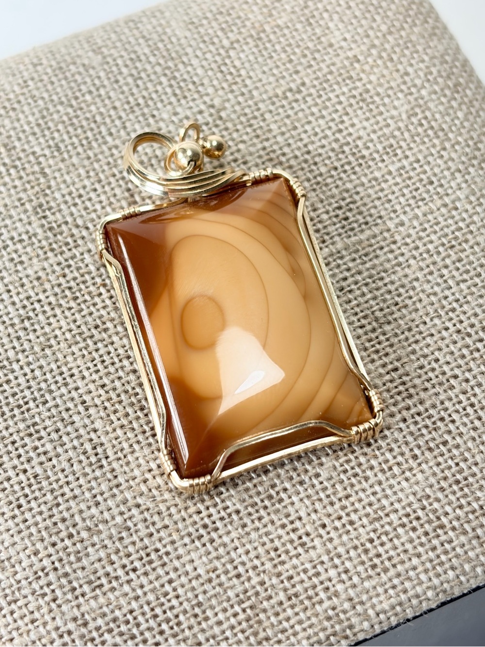 Natural Agate ? Stone Tan Brown Gold-Tone Wire Wrapped Rectangular Pendant